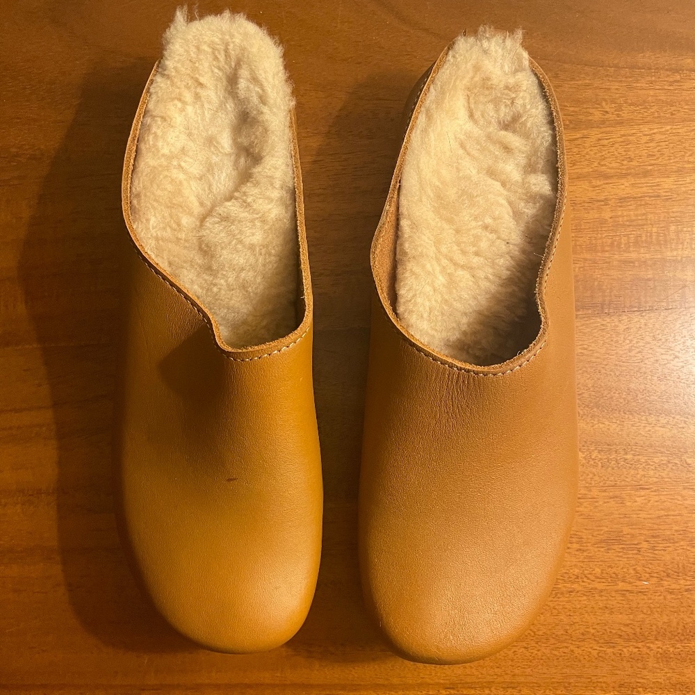 No. 6 Tan Leather Shearling-Lined Mules